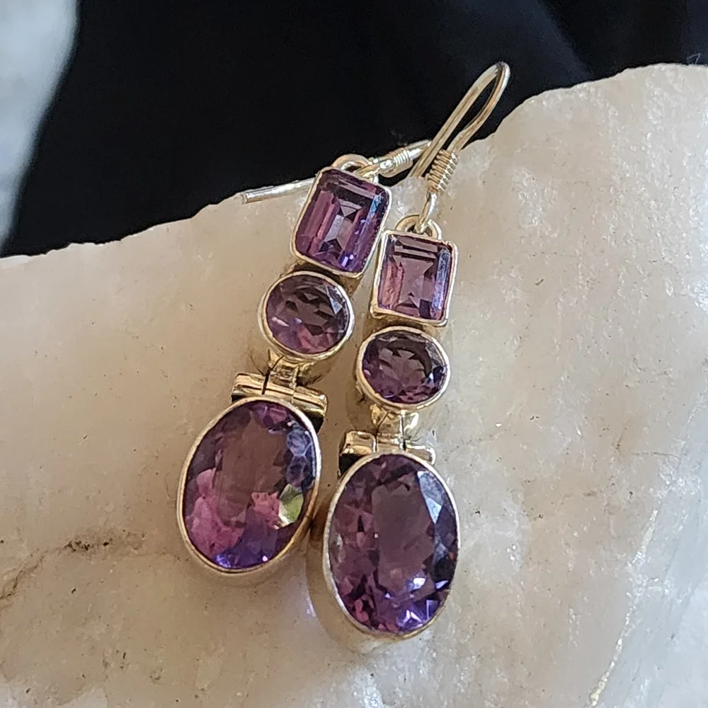 Sterling 925 Silver Earrings Genuine Amethyst Gemstone Designer Jewelry